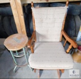 Vintage Metal Stool Wood Seat & Wood Frame Rocker Glider