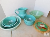 Lot of Turquoise Dishes Ceramic Bowls & Pitcher Fire King Piece