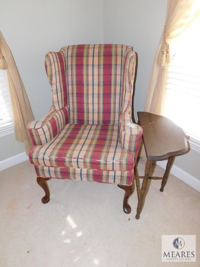 Plaid Occasional Arm Chair & Vintage Wood Half-Moon Side Table