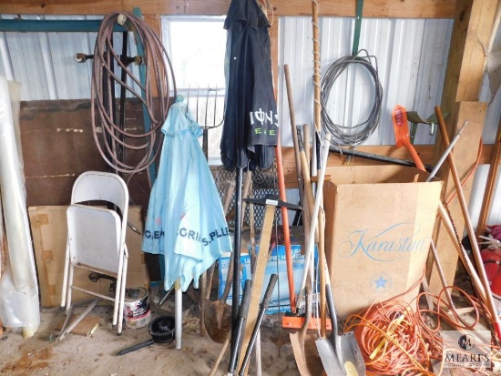 Lot of Yard Tools and Table Umbrellas Pruners Shovels Extension Cords