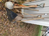 Lot of Yard Tools Shovels, Rakes, Axe, Funnel, Hoe, Mattick +