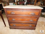 Old 3 Drawer Wood Dresser with Large Iron Handles & Marble Top