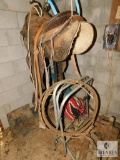 Vintage Horse Saddle Tooled Leather, Blankets, and Ropes Lot