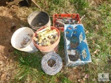 Lot Roll of Barbed Wire, Hand Tools, and Bucket of Parts