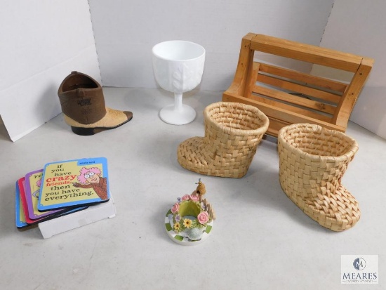 Lot Wood Basket, Wicker Boots, Boot Koozie, White Glass Goblet, & Aunty Acid Coasters