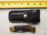 Vintage Buck 112 Knife and Leather Case Brass Wood & Stainless