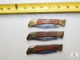 Lot 3 Stainless Steel Blade Pocket Knives w/ Wood & Brass Handles