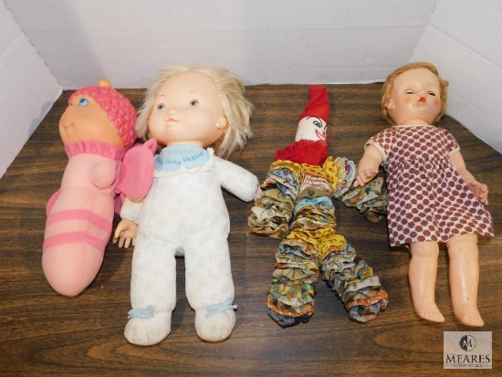 Lot Vintage Dolls Baby Holly Hobbie, Glo-Worm, Rubber Doll, & Handmade Clown