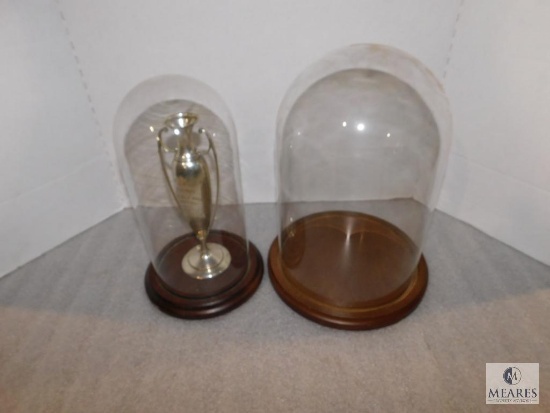 Lot 2 Round Glass Display Cases w/ Wood Base 1 Includes Silver Tone Trophy