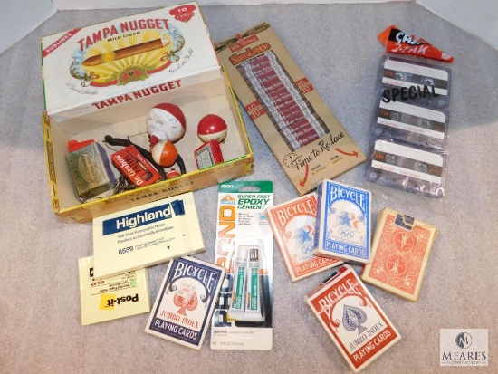 Lot Bicycle Playing Cards, Tampa Nugget Cigar Box, Shoe Laces, Post-Its, Fishing Bobbers, Cassettes