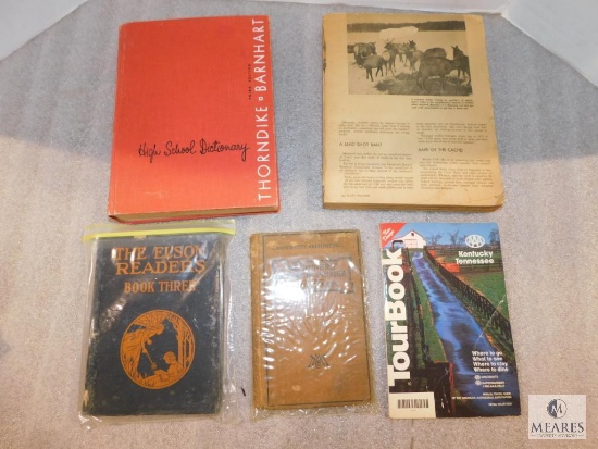 Lot of Vintage Books "The Elson Readers", Dictionary, "The Shooter's Bible", & Tour Book Pamplet
