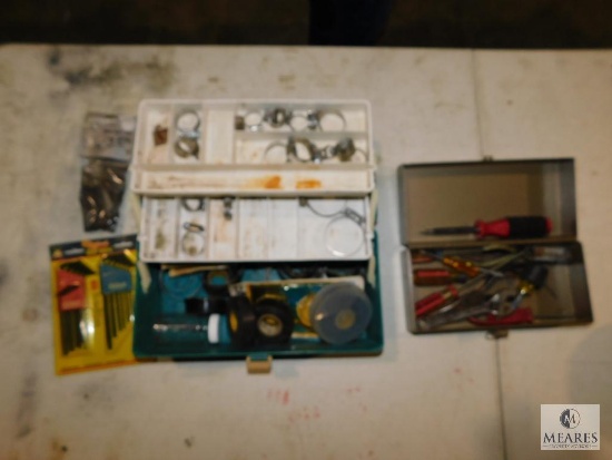 Lot 2 Boxes of Hand Tools, Hose Clamps, and Electrical Tape