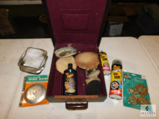 Vintage Case w/ Car Cleaning Items, Fix-A-Flat & Grinding Wheels
