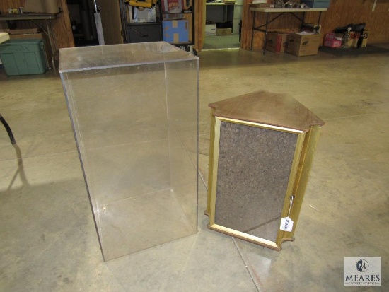 Lot Retail Display Items 5 Sided Clear Acrylic Box & Rotating 3-Sided Display w/ Cork Board Backing