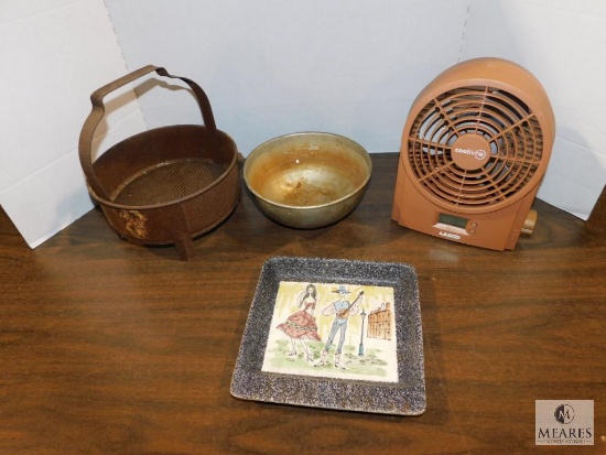 Lot Vintage Ceramic Ashtray, Cooltime Small Fan, & Metal Carburetor Cleaner Bucket