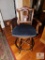 Ornate Wood Barstools Arm Chairs w/ Dark Gray Fabric Cushions Swivel
