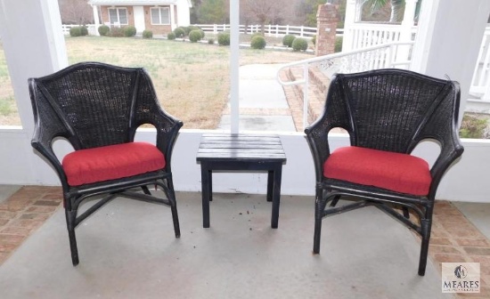 3 Piece Wicker Patio Set 2 Chairs & Wood Side Table