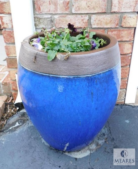 Pottery Planter Large Heavy Blue Glaze Bronze Top