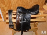 Professional Trainer Horse Saddle Line Black Leather w/ Stirrups & Girth Belt 16