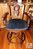 Ornate Wood Barstools Arm Chairs w/ Dark Gray Fabric Cushions Swivel