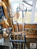 Lot of Garden Tools & Set of Jack Stands Pitchfork, Rake, Shovel, & Mattock