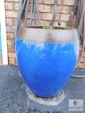 Pottery Planter Large Heavy Blue Glaze Bronze Top