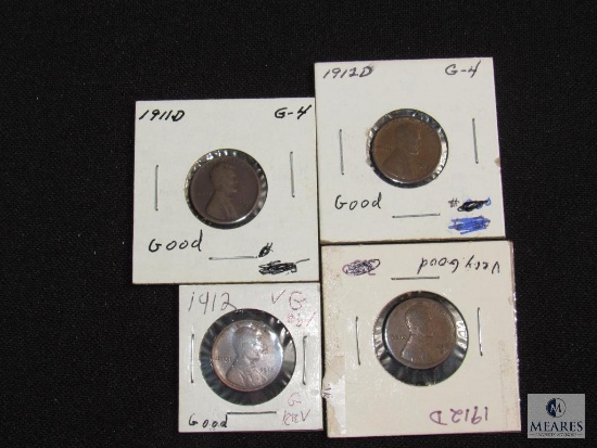 Lot 4 Wheat Penny Cent Coins 1911-D & 1912-D