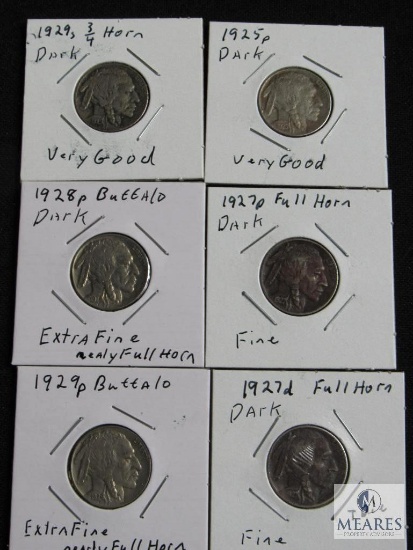 Lot 6 Buffalo Nickels Coins 1925-P 1927-P 1928-P 1929-P 1929-S