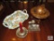Italy Porcelain Tray, Wood Globe Silver tone Candle Holder & Golfer Tray