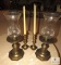 4 Piece Lot Brass Candlesticks & 2 Large Candle Holders w/ Glass Hurricane Shades