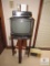 Vintage Wood Plant Stand w/ Small TV, Alarm, Flashlights, & Dictionary Books
