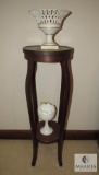 Wood Vintage Round Plant Stand w/ Shelf & White Porcelain Decorative Vases