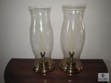 Lot of 2 Large Brass Base Candle Holders with Glass Hurricane Shades
