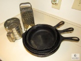 Lot 3 Cast Iron Pan Skillets Flour Shifter and Cheese Grader