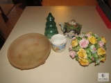 Lot Vintage Decorative Pieces Ceramic Flower Pot Pink Glass Bowl Mustache Mug Cup +