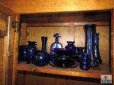 Large Shelf Lot of Cobalt Blue Dinnerware Glass Pieces Vases +