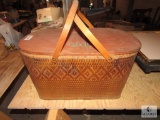 Vintage Wood Wicker Picnic Basket w/ Picnic Set Dinnerware