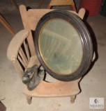 Vintage Wood Chair (Child Height), Round Framed Mirror & Antique Ladies Boots