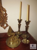 Lot of Brass Candlesticks, Sailboat, Tray, Birdcage Thermometer & Small Basket