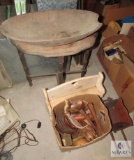Vintage Half Moon Wood Accent Table, Lot of Wood Utensils & Large Bowl & Decorative Wagon
