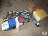 Lot of Camping Gear Folding Chairs, Portable Toilet, Coolers, & Sleeping Bag