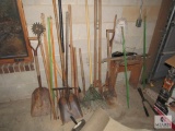 Lot of Yard Tools Rakes, Shovels, Pitchfork, etc