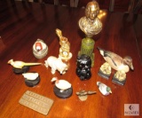 Lot of Decorative Hand-painted Ducks Birds Cat Jade Elephant Bronze & Ceramic Pieces