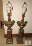 Pair Ceramic Large Table Lamps Gold & Green Oriental Style