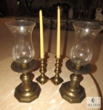4 Piece Lot Brass Candlesticks & 2 Large Candle Holders w/ Glass Hurricane Shades