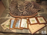 Large Wood Carved Bowl Tray w/ Pinecones & Lot of Small Pictures and Framed Cross-stitch