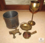 Lot of Brass Toy Horse, Small Melting Pot, Ice Bucket, Tray, and Goblet