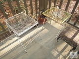 2 Metal Patio Side Table, Terra Cotta Pots, and 2 Footstools Lot