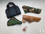 Lot Leather Holster, 2 Nylon Camo Holsters, & 1 Small Pistol Soft Case