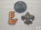 Lot 2 Metal (brass ?) Emblems 1 BSA & 1 Vintage Explorer E & Plastic Explorer Coaster